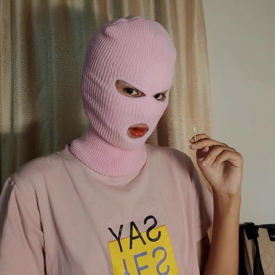 csgo悍匪头套粉色秋冬季男女保暖针织棉帽毛线帽搞怪防风全脸防寒土匪