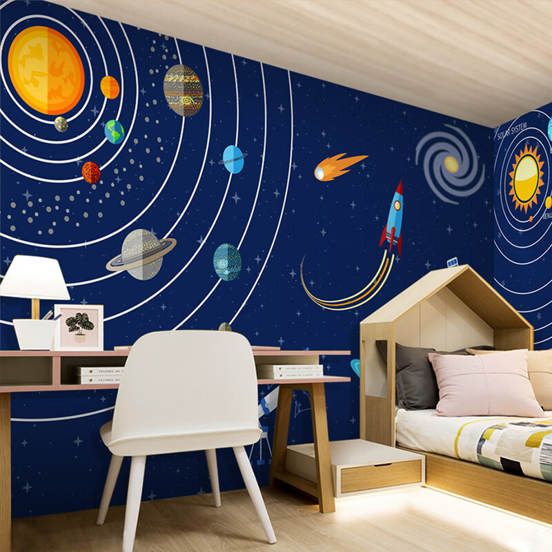 儿童房壁纸幼儿园星空卧室背景墙纸卡通太空男孩房间墙布壁画18d水晶
