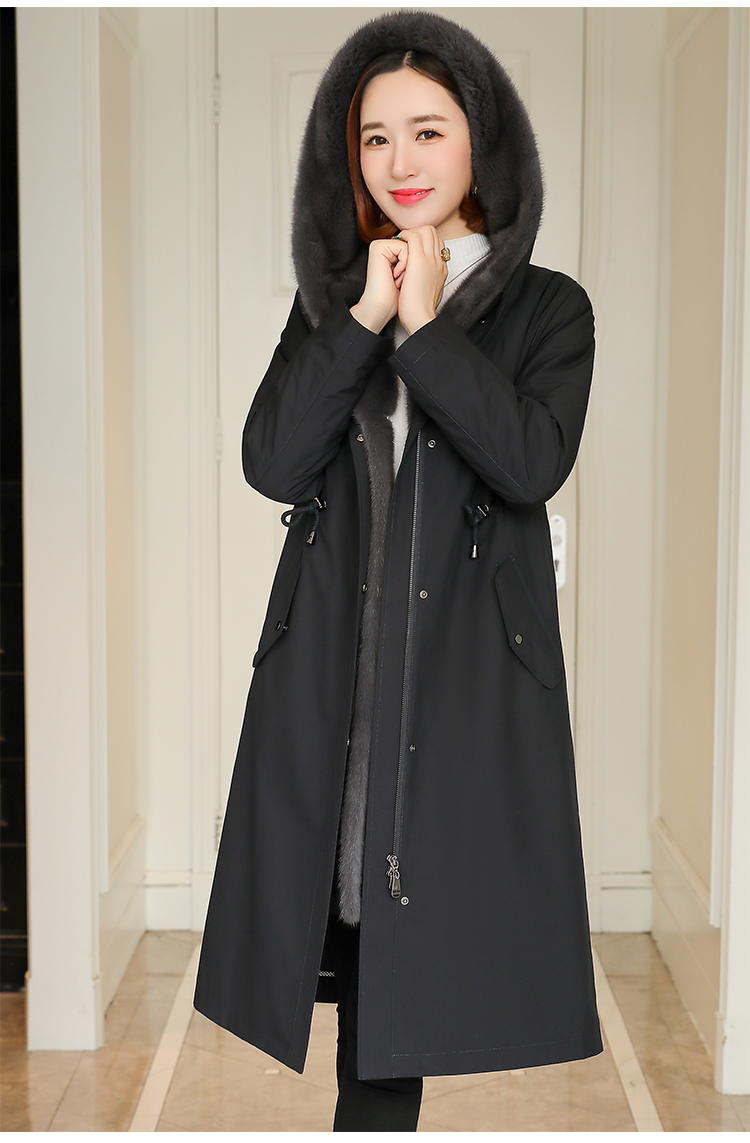 新款整貂皮大衣尼克服水貂内胆中长款派克服皮草外套派克服女 深蓝色