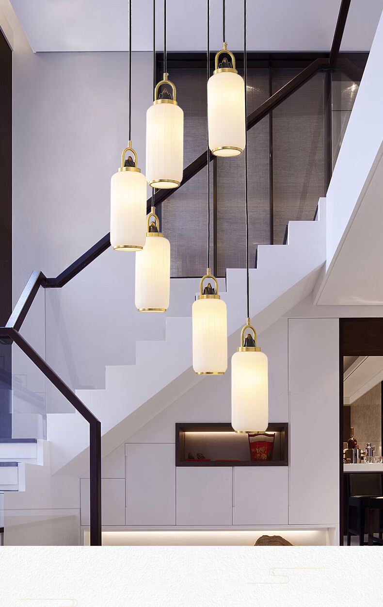 忆往昔 全铜新中式复式楼楼梯间全铜玻璃吊灯餐厅吧台装饰禅意灯具