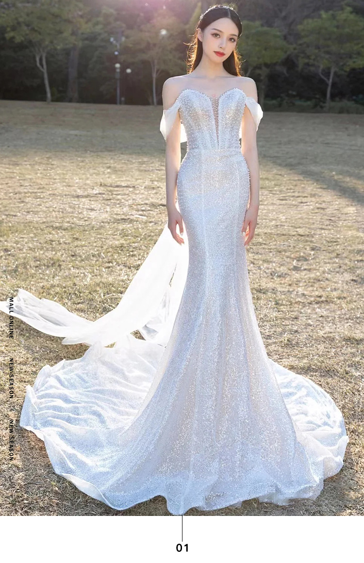 恩瑶鱼尾轻婚纱2022新款新娘感一字肩法式复古小个子迎宾纱礼服女鱼尾