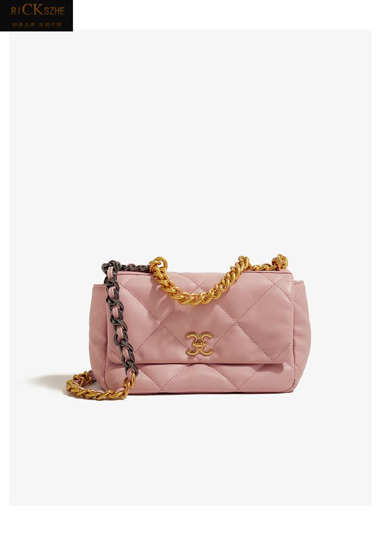 ri ck szhe轻奢侈品牌女包小众质感真皮菱格链条包小香风包包斜挎 米