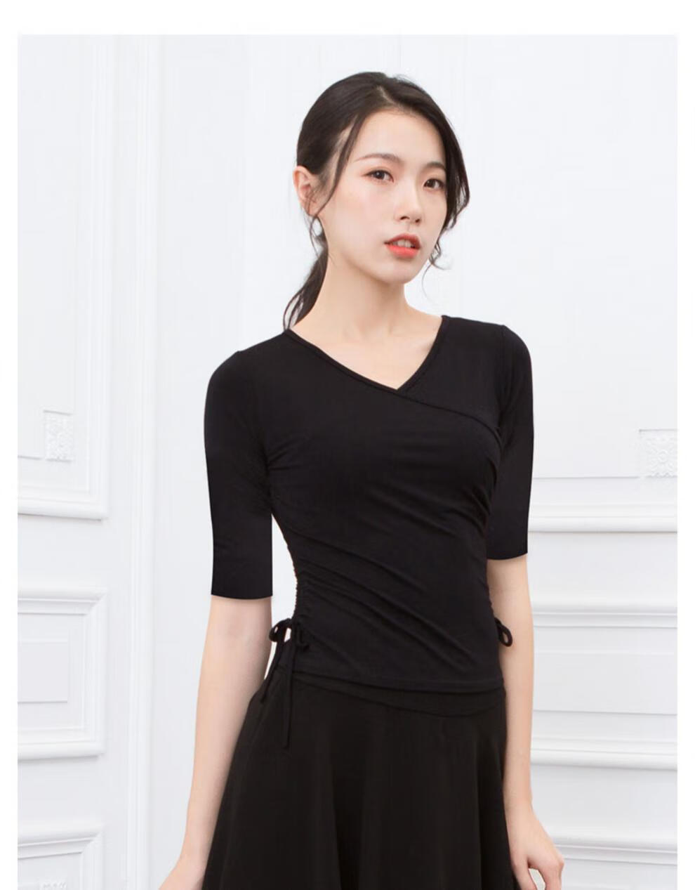 舞比赛服新款舞蹈上衣形体服时尚黑色衣服古典长袖黑色短袖单件上衣s