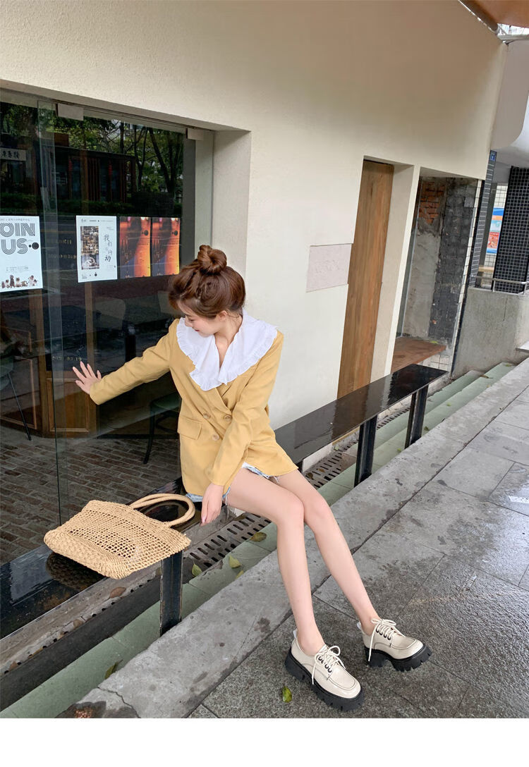 鞋春秋英伦风百搭厚底女百搭女乐福鞋女米色单里40关注店铺可优先发货
