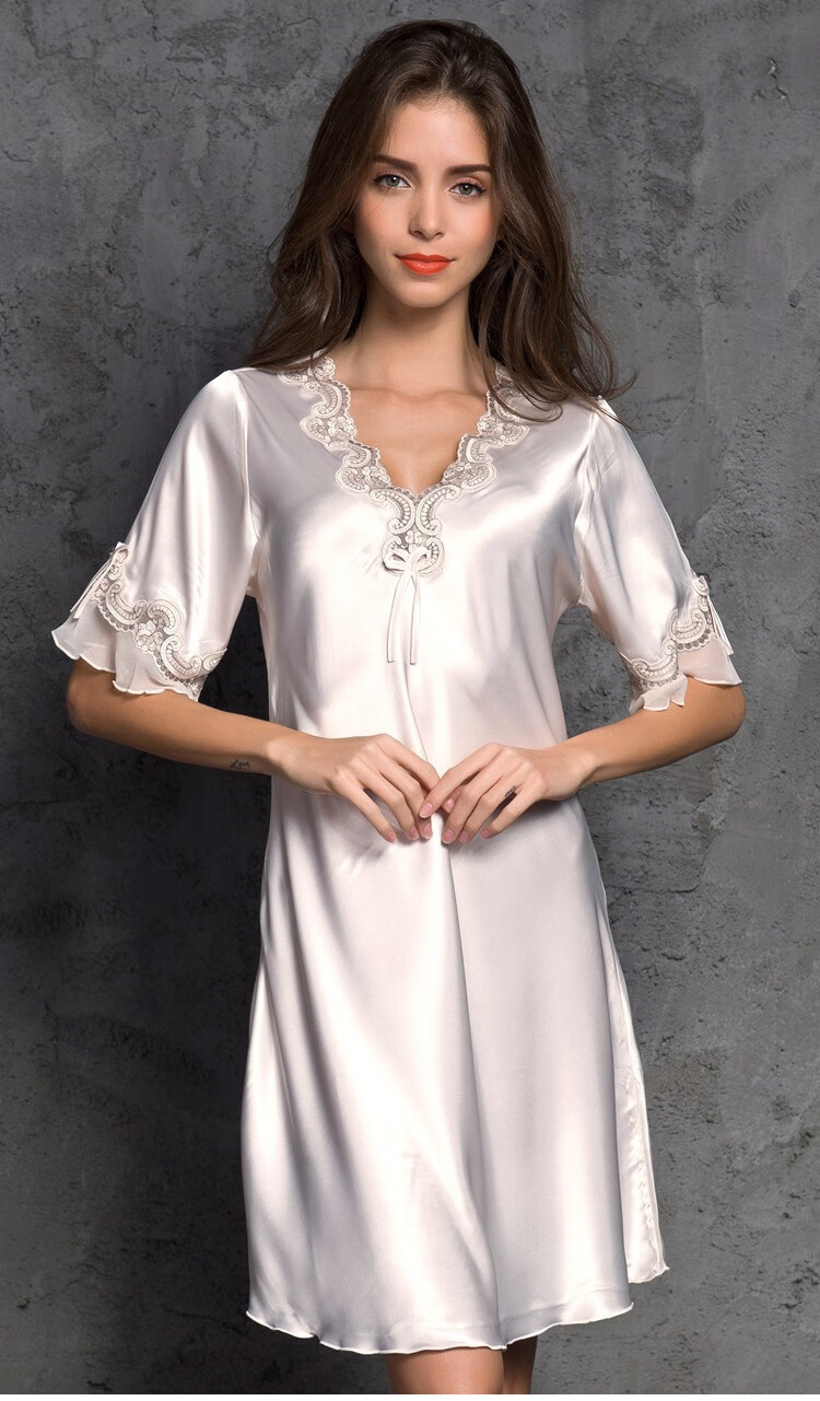 浪莎夏季睡衣女士蚕丝绸薄款仿春秋款睡裙短袖大码家居服n新品红色m