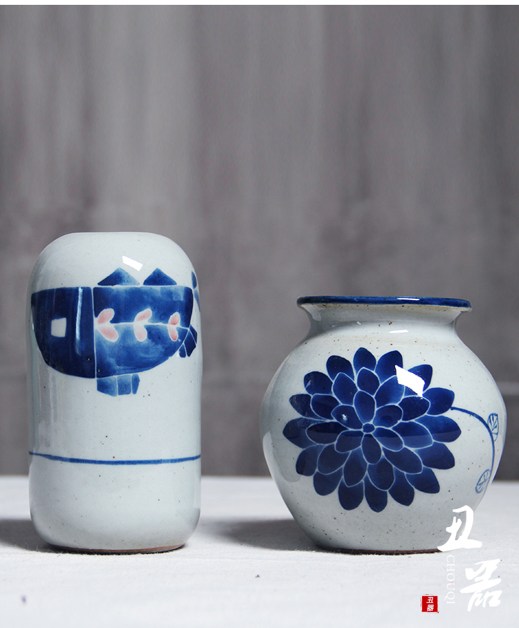 小花瓶手绘青花陶瓷瓶复古摆件茶宠多肉花器花插茶道罐子家居饰品栗色