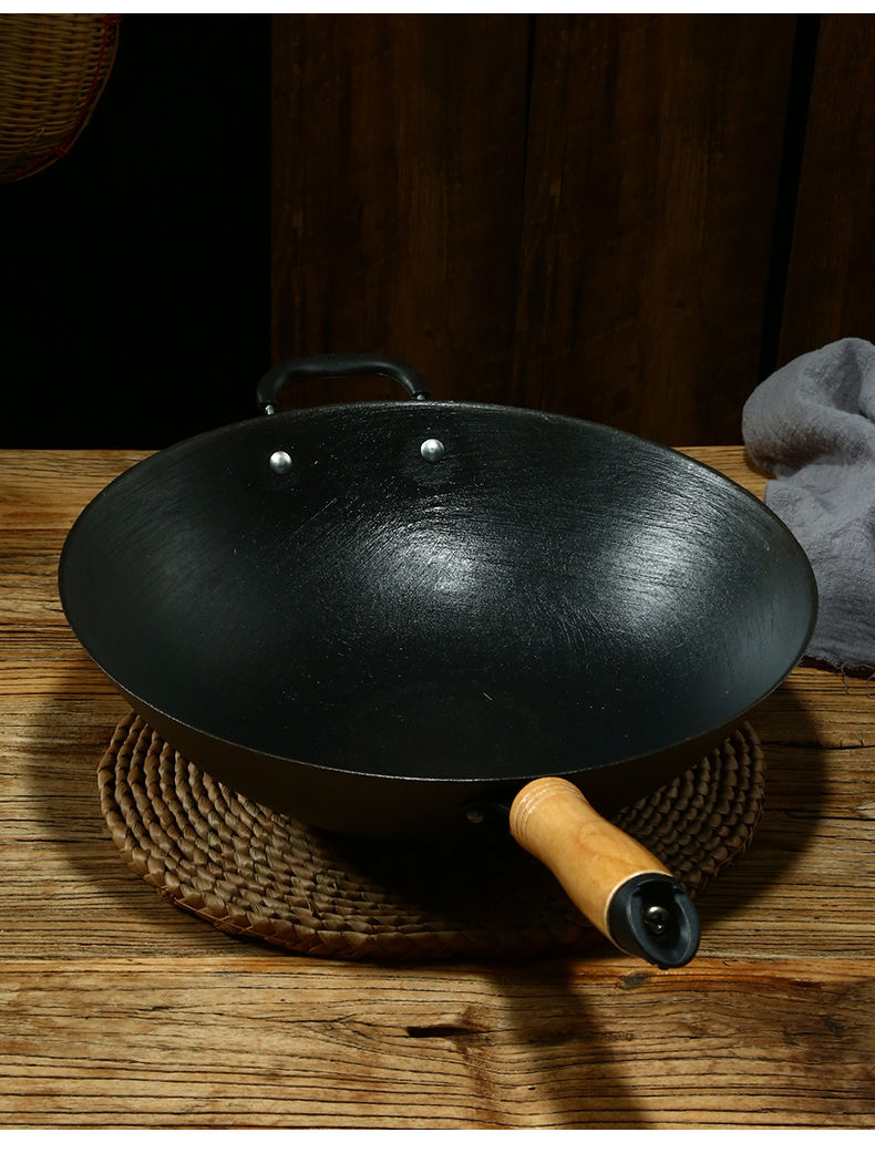 老式生铁锅圆底炒锅不粘锅无涂层传统平底电磁炉煤气灶炒菜大锅具36cm