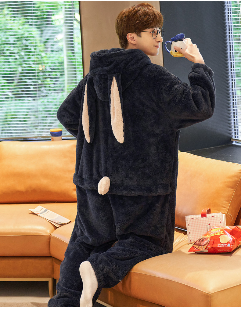 连体睡衣男男睡衣冬季加厚珊瑚绒加大码连体带帽的兔耳朵青少年学生