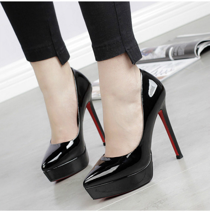 超高跟鞋性感细跟12cm夜店拍照子水台尖头女鞋漆皮单鞋春白粉色时尚裸