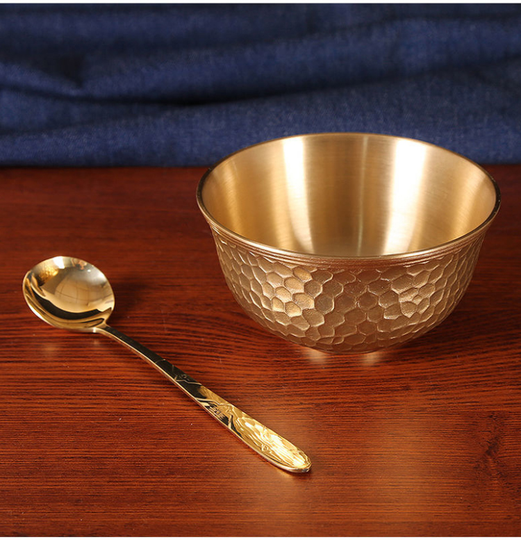 铜餐具三件套纯铜全铜碗铜筷子铜勺子家用黄铜整套餐具金属儿童防摔