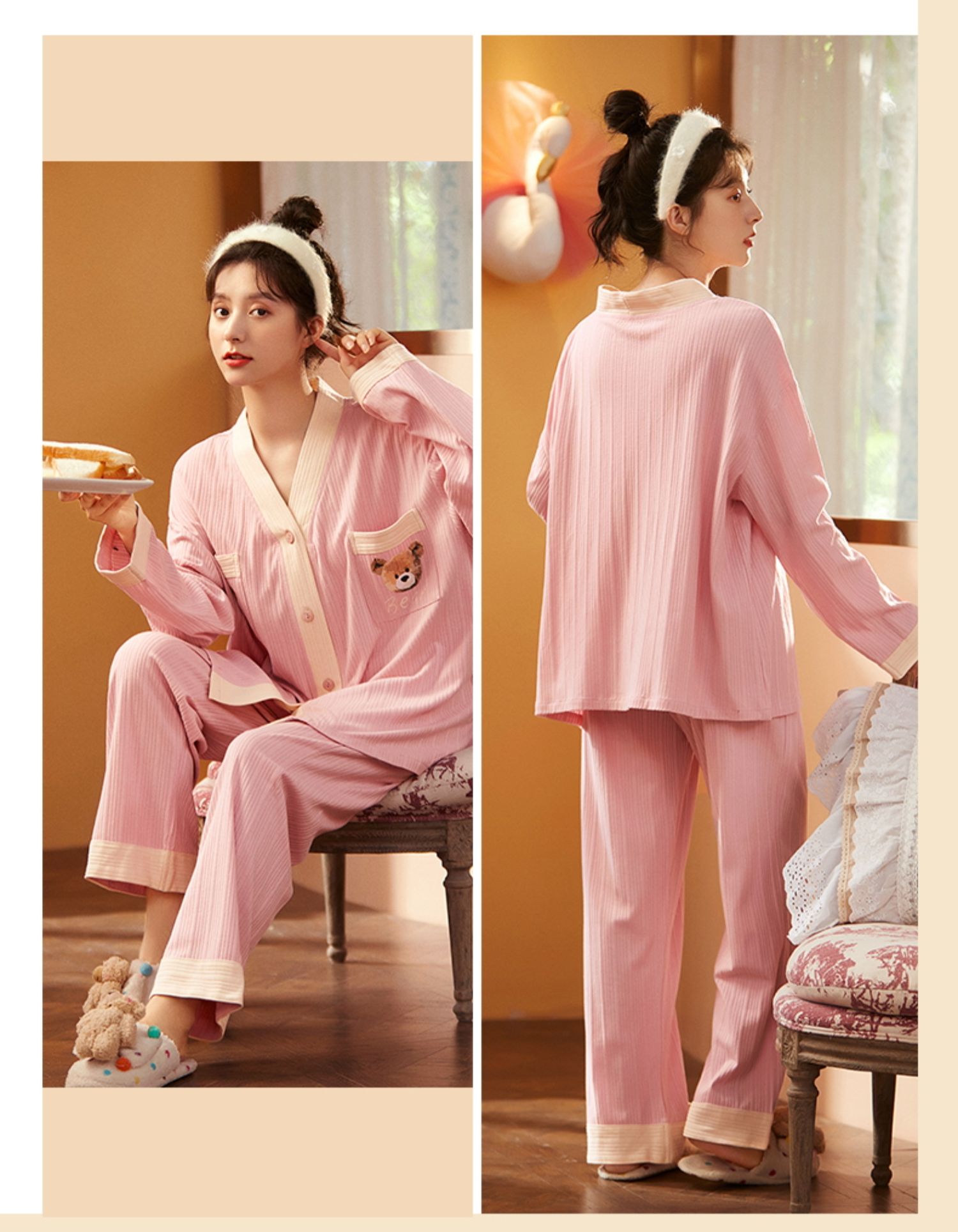 纯棉睡衣女春秋夏季长袖两件套装2022年新款家居服开衫女士可出门wl