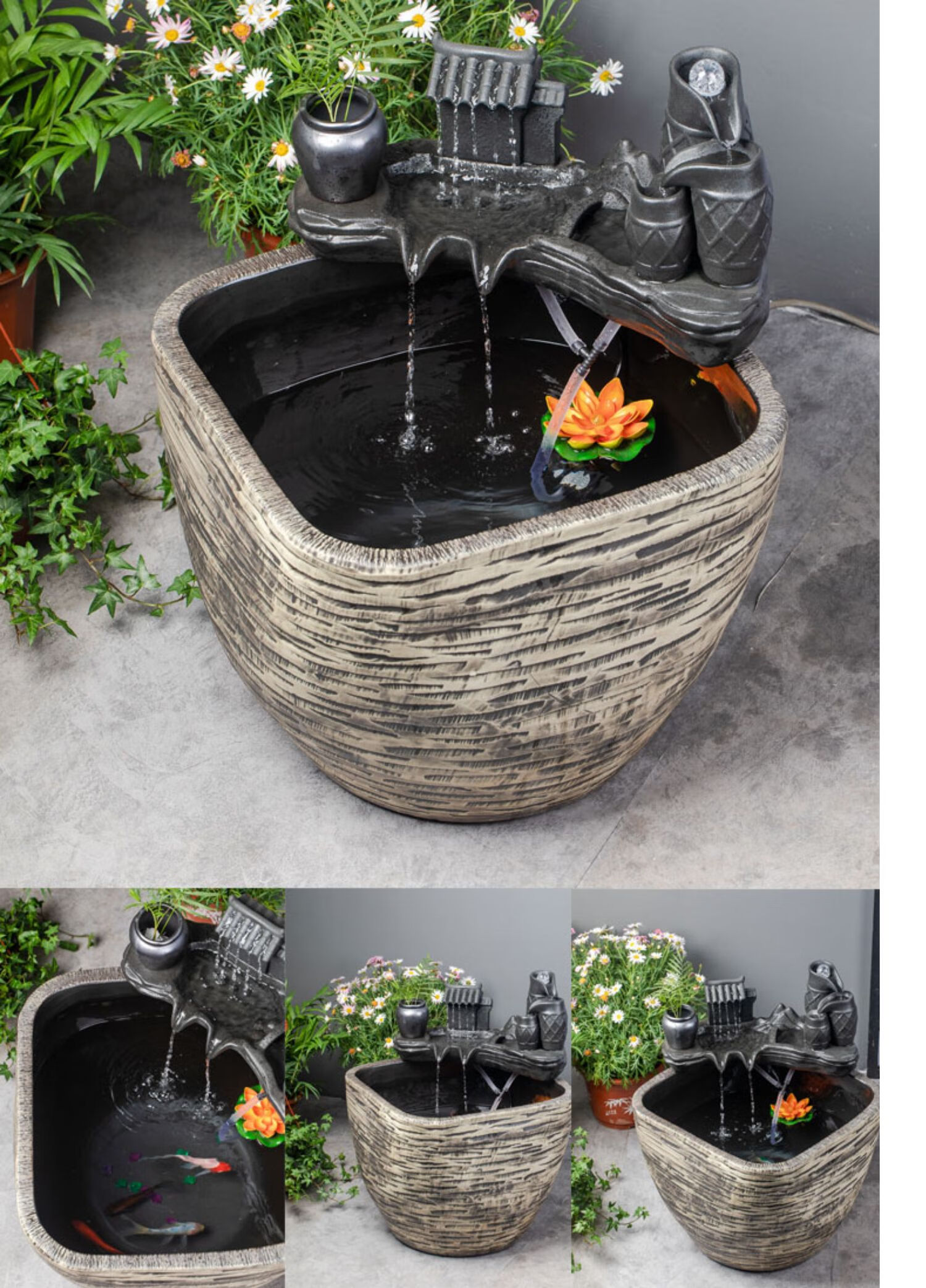 方形陶瓷大缸水循环增氧鱼缸客厅阳台流水养鱼盆庭院仿石大水缸方形缸