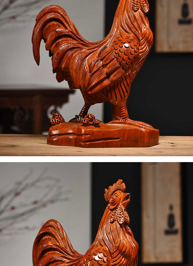 奈希森花梨木雕大公鸡摆件木质动物十二生肖家居客厅电视柜办公室桌面