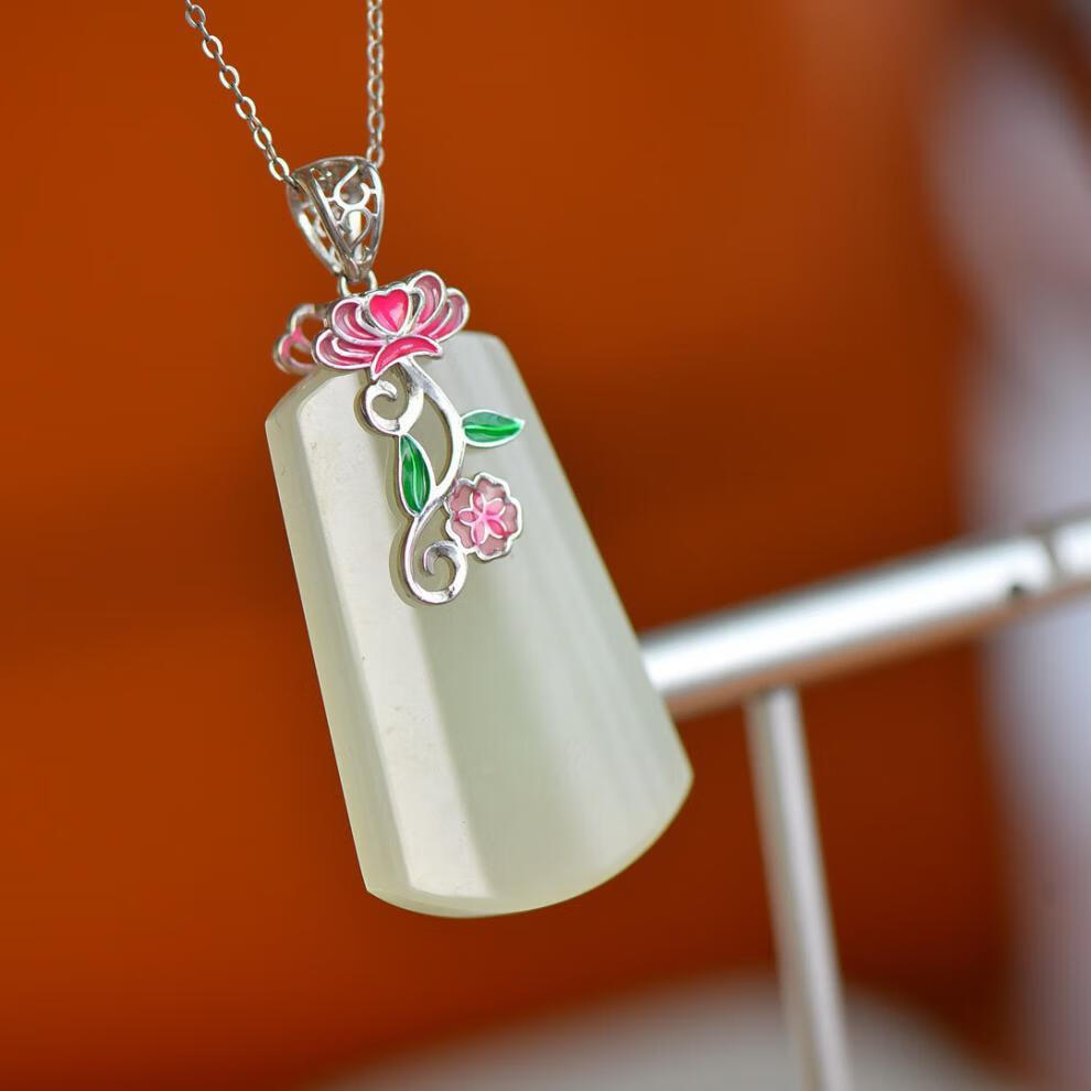 美朗格 新疆和田玉白玉梯形平安牌子吊坠s925银个性琳琅小花女款玉坠