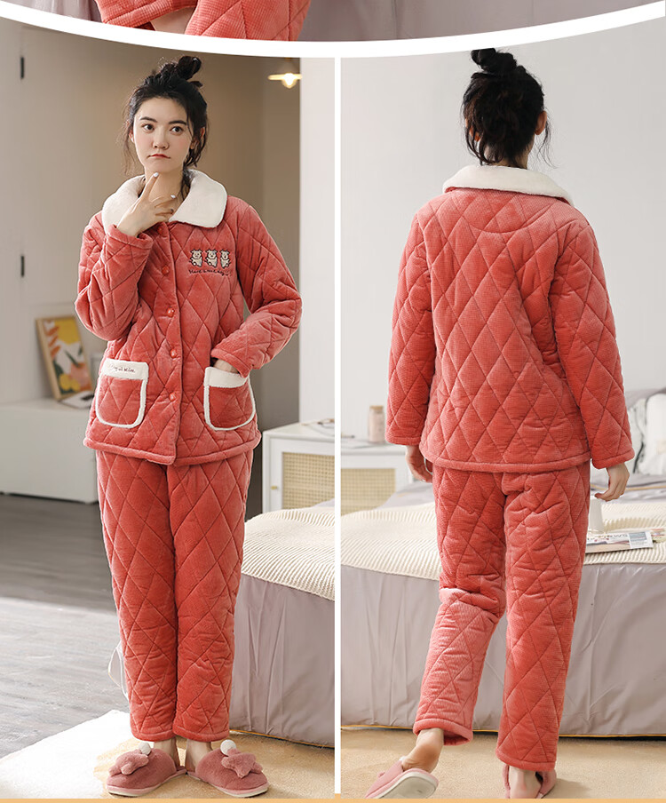 南极人睡衣女冬季冬天三层加厚夹棉袄加绒保暖珊瑚绒家居服秋冬款mdf