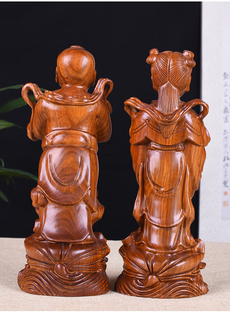 唐砖花梨木雕金童玉女摆件一对婚庆婚房店铺开业装饰摆设红木工艺礼品