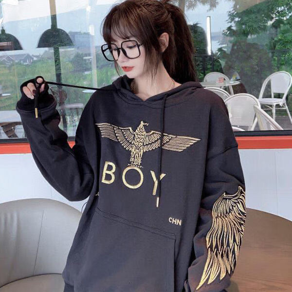 卫衣女秋冬百搭秋冬加绒烫金boy老鹰印花外套卫衣女潮人时尚ins上衣潮