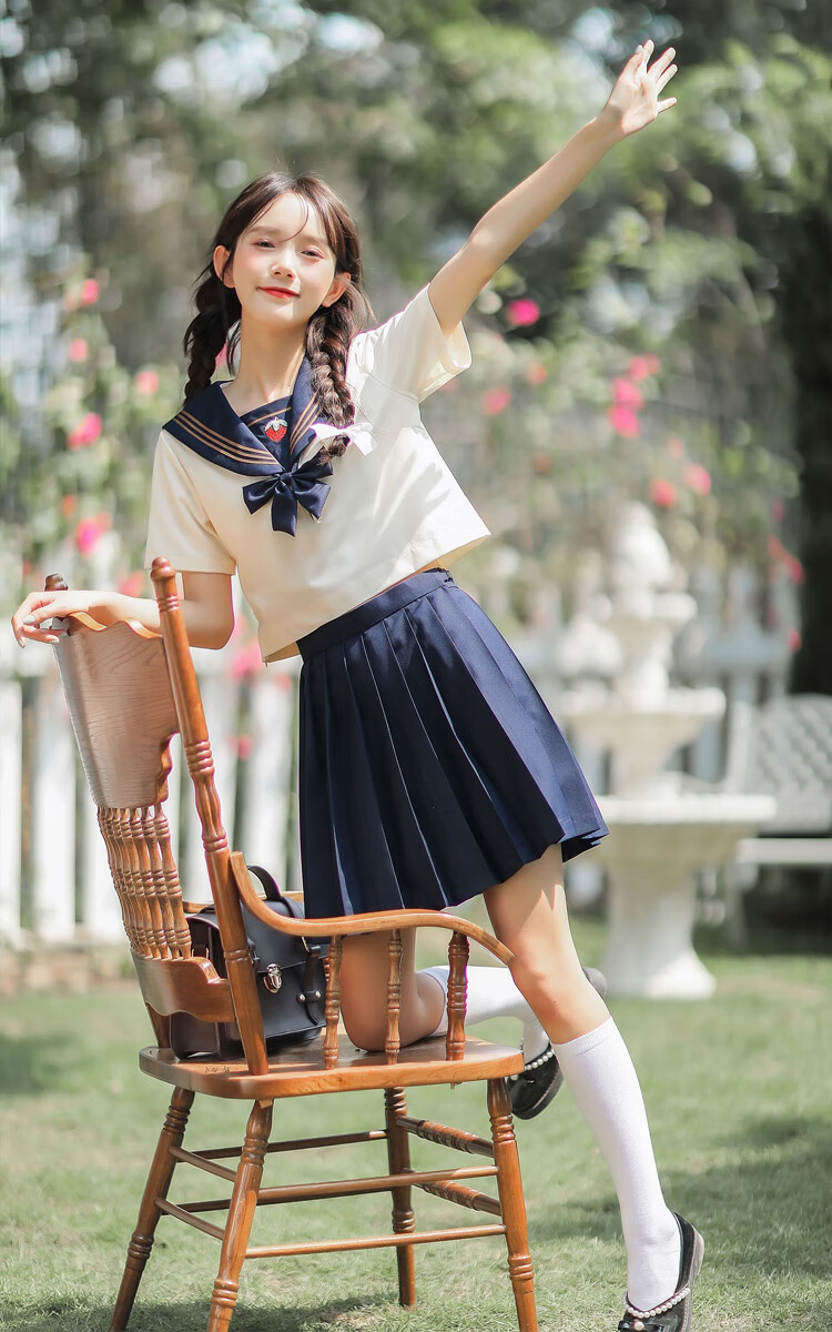 jk制服裙日系学院海军风甜美百褶裙子水手服套装连衣裙女夏季 6665
