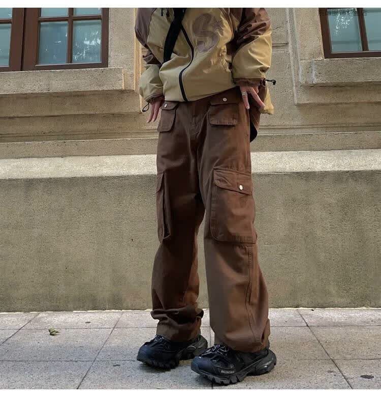 fateeggfateegg高街裤子休闲嘻哈多口袋宽松直筒复古美式棕色工装裤