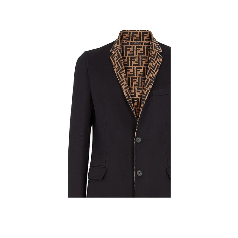 fendi芬迪男士外套黑色羊毛大衣镜面翻领长袖单排扣开合内部饰有通体