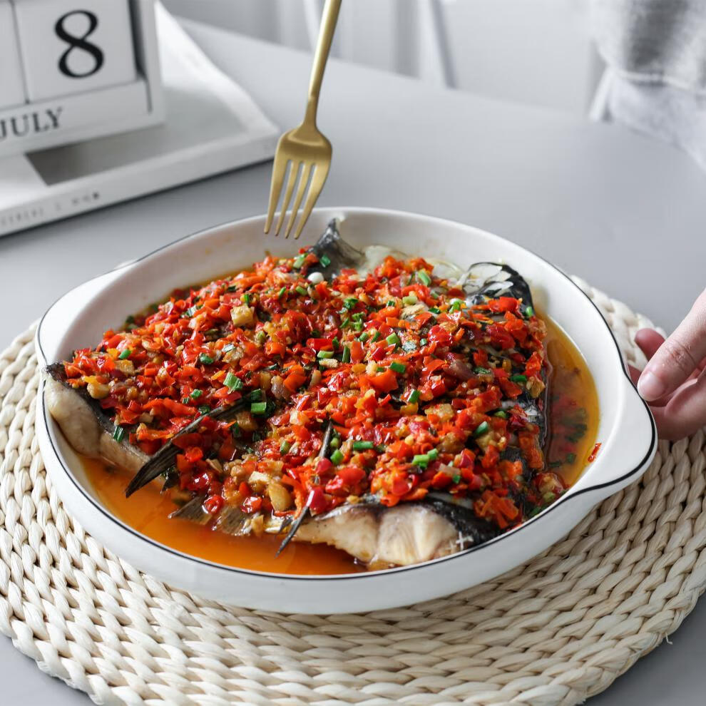 剁椒鱼头盘子陶瓷大盘子景德镇餐具菜盘纯白陶瓷剁椒鱼