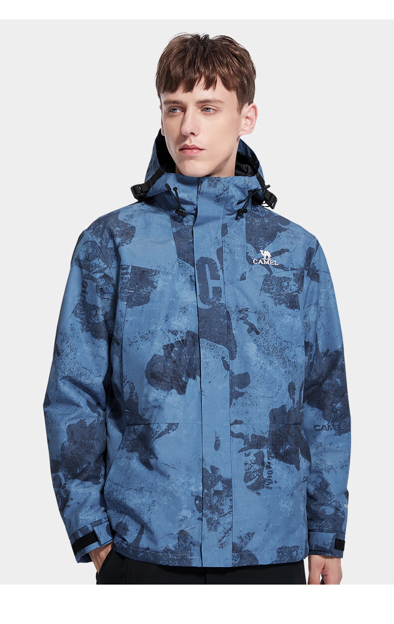 骆驼个性印花潮流三合一男秋冬款可拆卸防风冲锋衣外套a1w231126h墨蓝