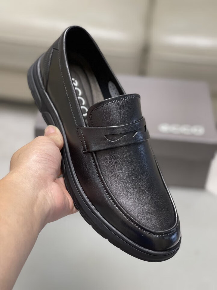 ecco爱步男鞋懒人皮乐福鞋防滑软底爸爸鞋简约百搭商务休闲皮鞋 黑色