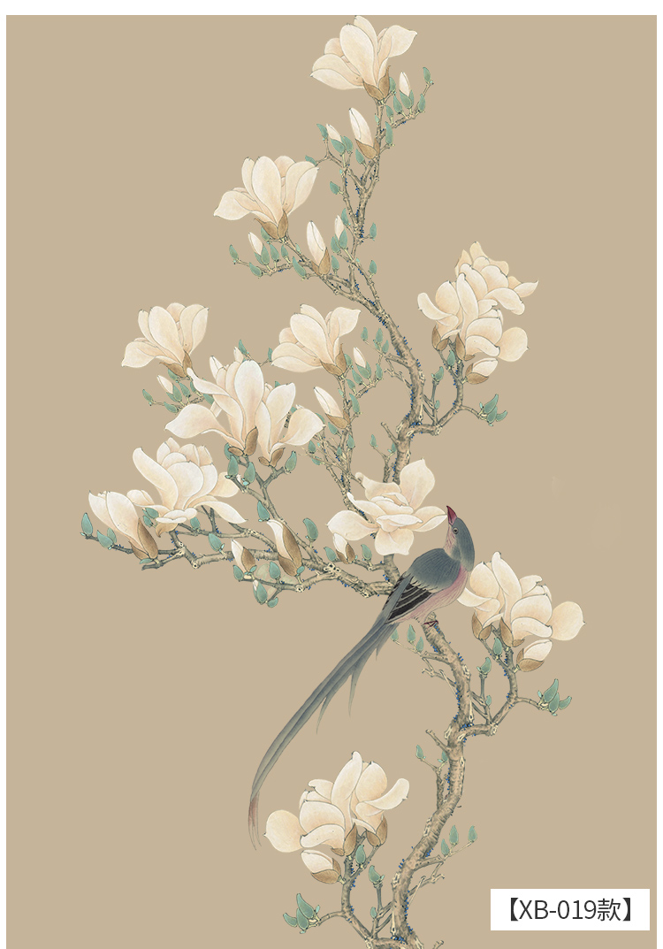 新中式简约花鸟墙纸壁画客厅玄关背景墙壁纸走廊过道竖版无缝墙布整张