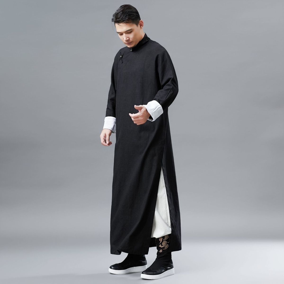 意型爸爸50-60岁休闲夏款男士长裤唐装中式长衫长袍唐装男亚风长衫