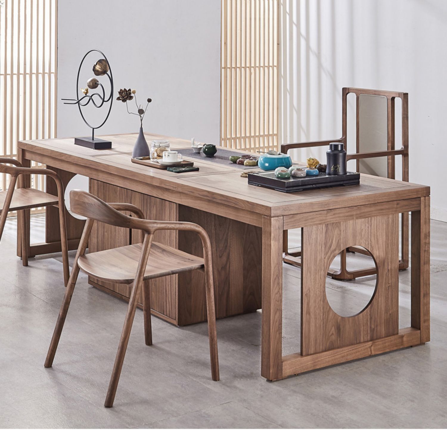 奥德雅轻奢高端黑胡桃木功夫茶台新中式实木茶桌椅组合办公室茶艺桌泡