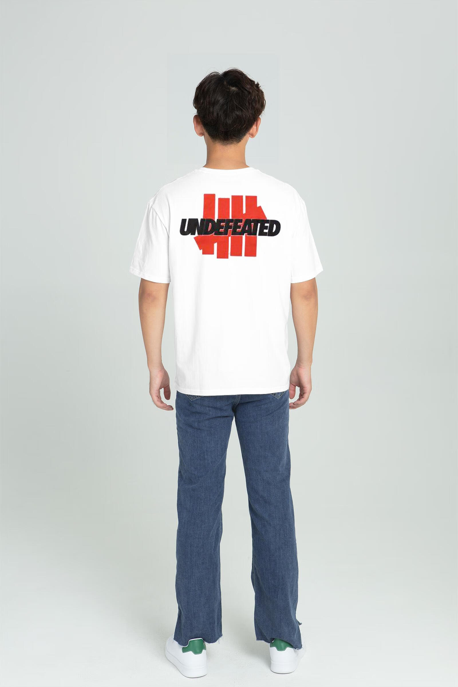 undefeated不败五道杠直邮新重磅棉宽松男女情侣潮牌t恤 黑色(教皇)