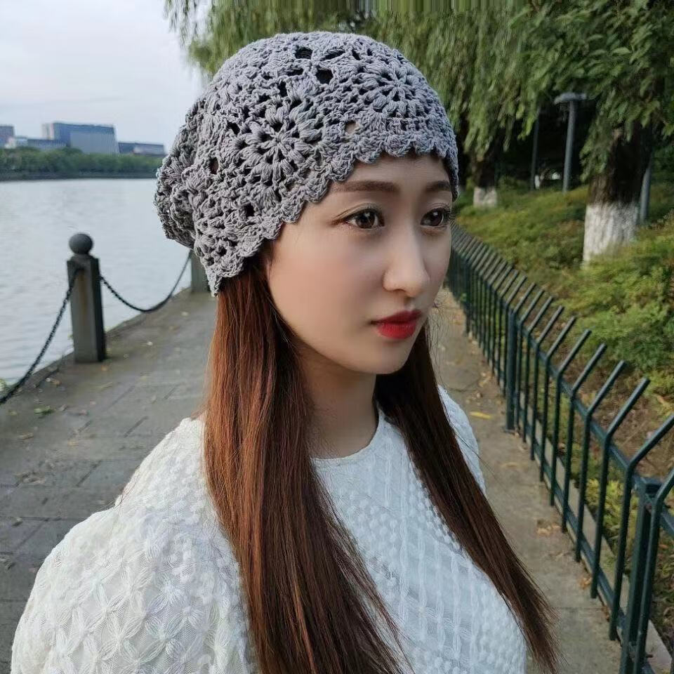 针织帽女帽子女士帽遮白发四季百搭透气手工钩针织帽镂空花型夏薄款