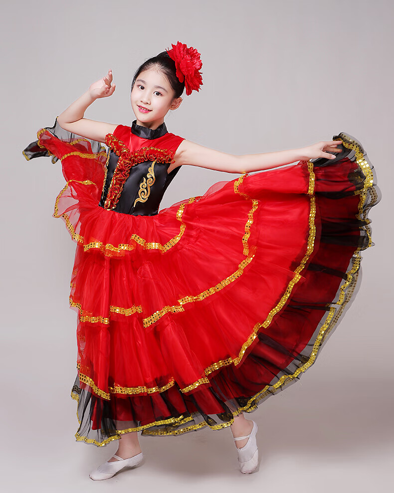 西班牙斗牛舞裙六一儿童舞蹈表演服装斗牛舞演出大摆裙少儿开场舞练习