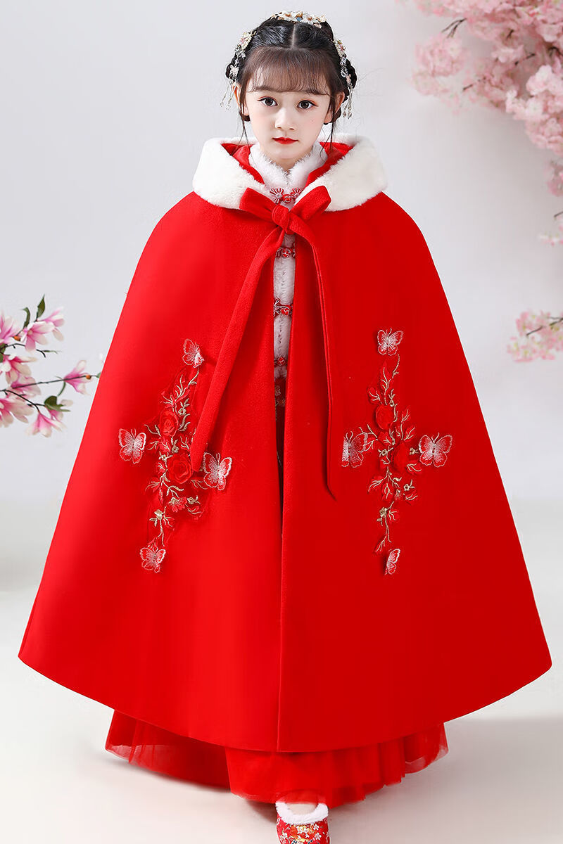 棉小梵 女童斗篷汉服长款秋冬款刺绣复古宝宝中国风儿童公主古风披风