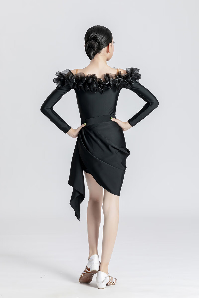 拉丁舞演出服比赛服女网红儿童拉丁舞服泡泡袖连衣裙少儿拉丁练功服