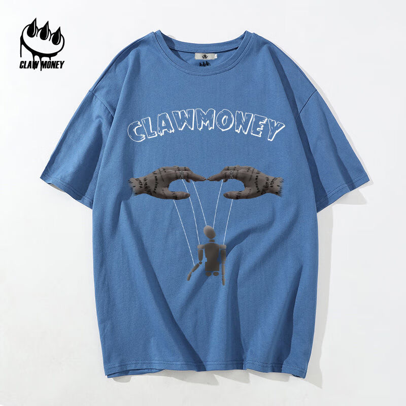 clawmoney艺术感t恤男夏季纯棉短袖oversize大码t黑色宽松体恤衫白色m