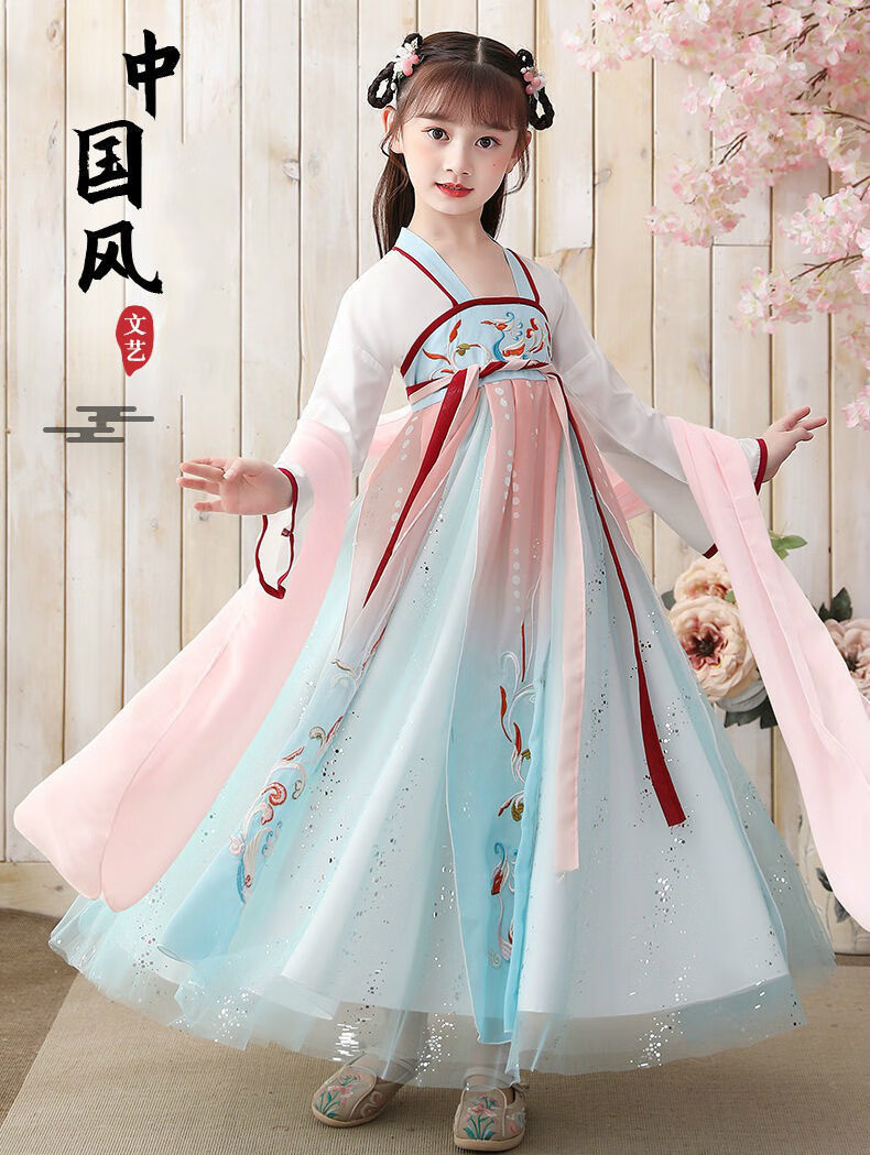 汉服女童适合3-12岁小女孩夏天穿的洋气中国风连衣裙中大童小学生仙气