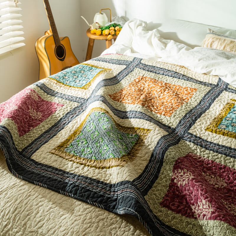 全棉床盖单件美式风手工拼布绗缝被纯棉床单夏凉被榻榻米炕盖 瑞德蒙