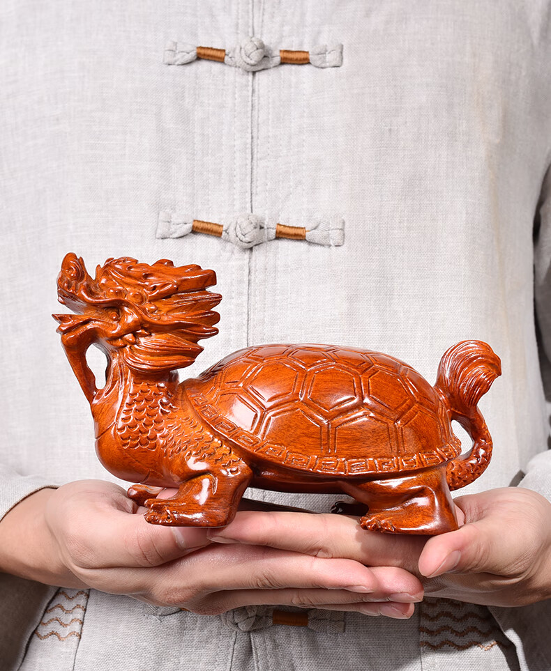 唐砖花梨实木雕刻龙龟摆件木头根雕龙头龟玄武红木家居电视柜装饰礼品