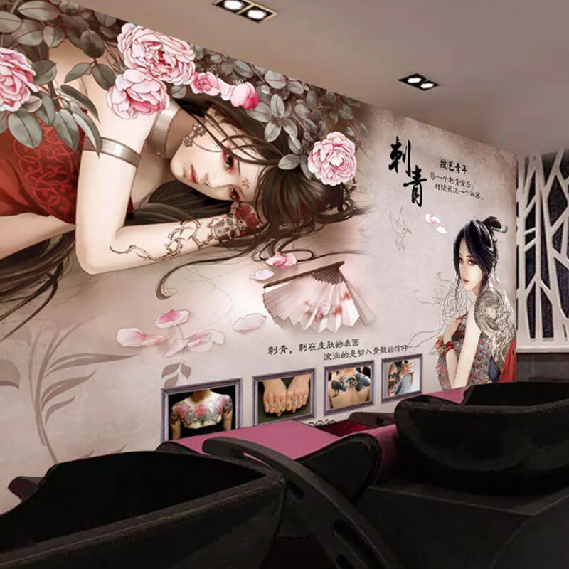 3d个性纹身店主题壁纸复古装饰背景墙装修壁画刺青纹绣工作室墙纸8d