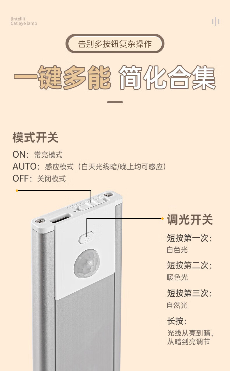 15，LED櫥櫃燈條人躰感應燈帶廚房衣櫃鞋櫃無線自粘充電式酒櫃貓眼燈 100CM黑色【常亮+人躰感應+三色