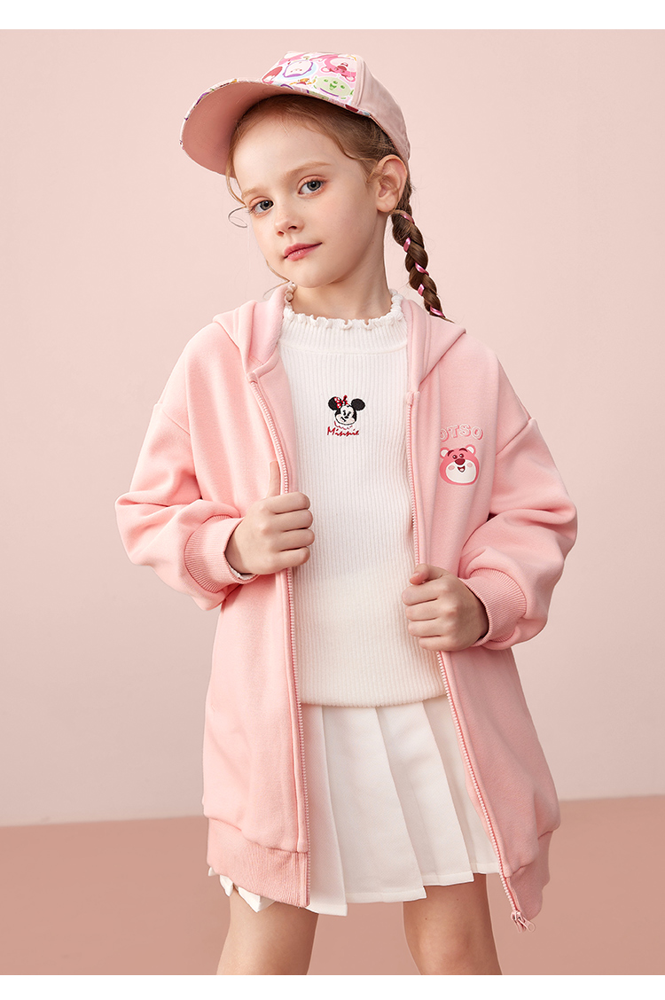 迪士尼童装女童外套中长款加绒春秋装2021新款儿童宝宝秋季风衣潮桔粉