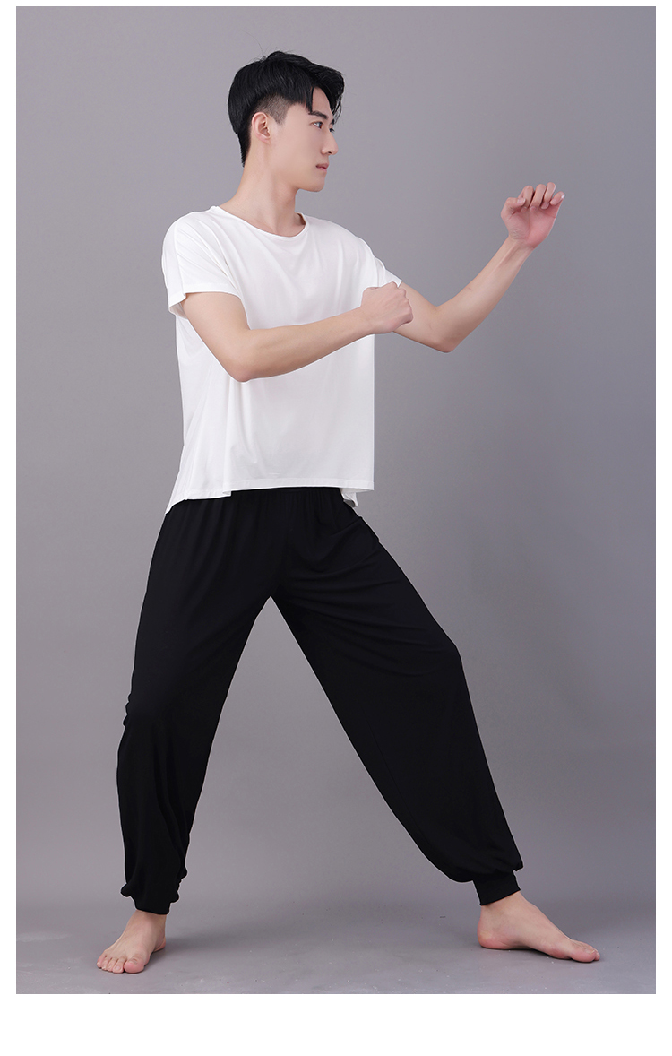 男现代舞艺考宽松灯笼裤套装白黑圆领舞蹈形体练功武术戏剧练习服乳白