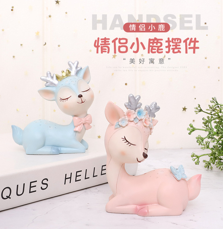 情侣梅花鹿家居车载装饰品卡通小鹿摆件 创意树脂工艺品蛋糕摆件 情侣小鹿摆件-优雅蓝