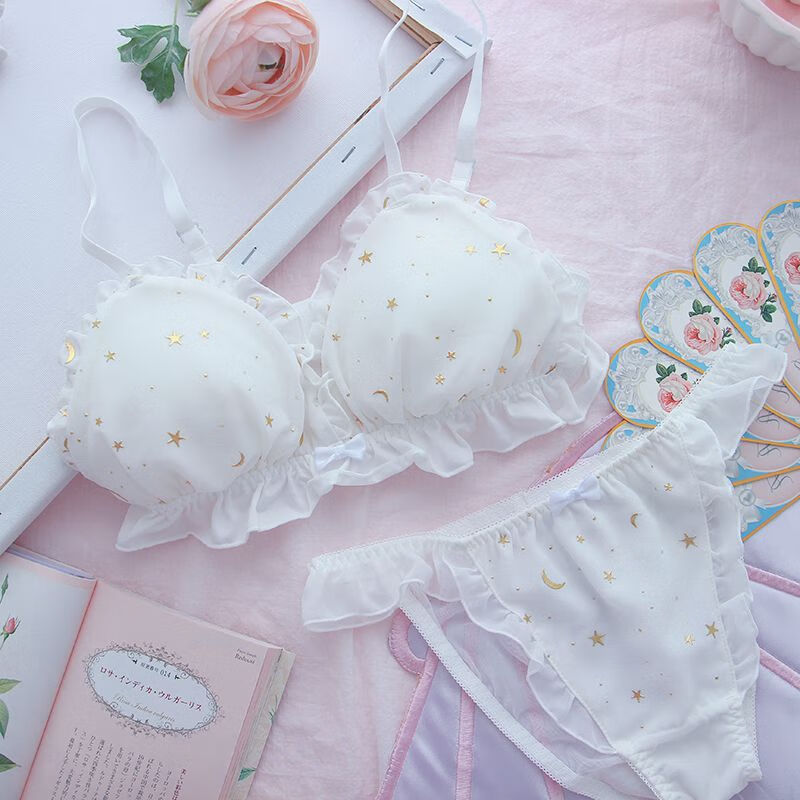 日系可爱学生文胸套装三角杯无钢圈内衣星白文胸性感网纱内裤m70abc75