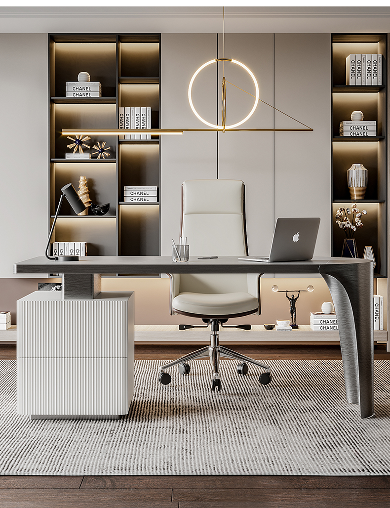 展梵意式极简岩板轻奢书房书桌现代简约办公室电脑写字桌书柜一体家用