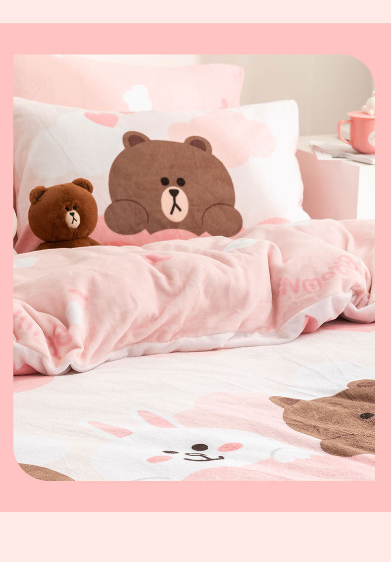 梦美家纺布朗熊四件套牛奶绒套件珊瑚绒法兰绒冬全棉被套恋恋萌曲暖暖