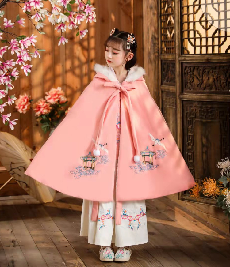 古装汉服斗篷披风女儿童加绒加厚秋冬季外出宝宝拜年服外套 粉红色2