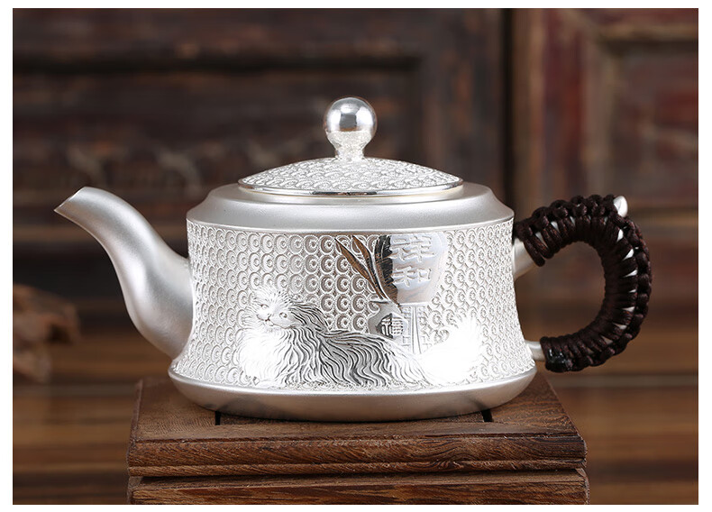 999纯银泡茶壶 雪花银功夫茶具套装 纯手工银茶壶定制预售款 端把壶
