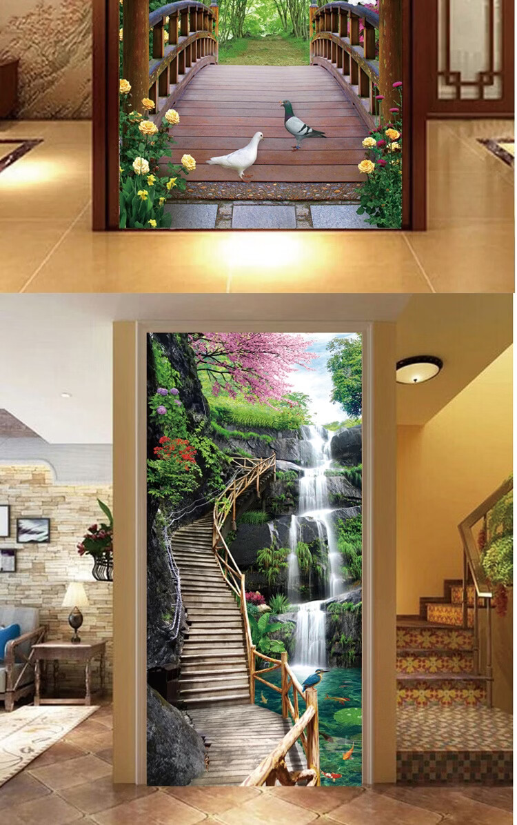 卫生间门贴画山水画贴纸墙贴墙纸自粘墙画厕所墙壁防水 天鹅戏水 中
